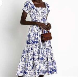 o.p.t Daphne Blue and White Toile Print Cotton Smocked Puff Sleeve Midi Dress